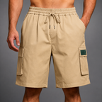 Men's beige utility cargo shorts with multiple pockets
