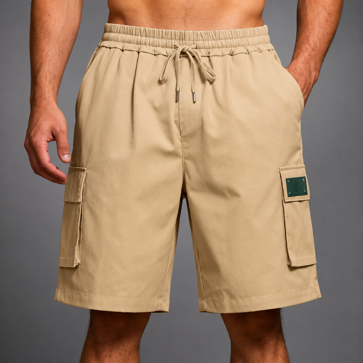 Men's beige utility cargo shorts with multiple pockets