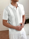 Men's white vertical knit polo shirt with short sleeves