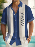 Men's blue short sleeve vintage print shirt with a chest pocket