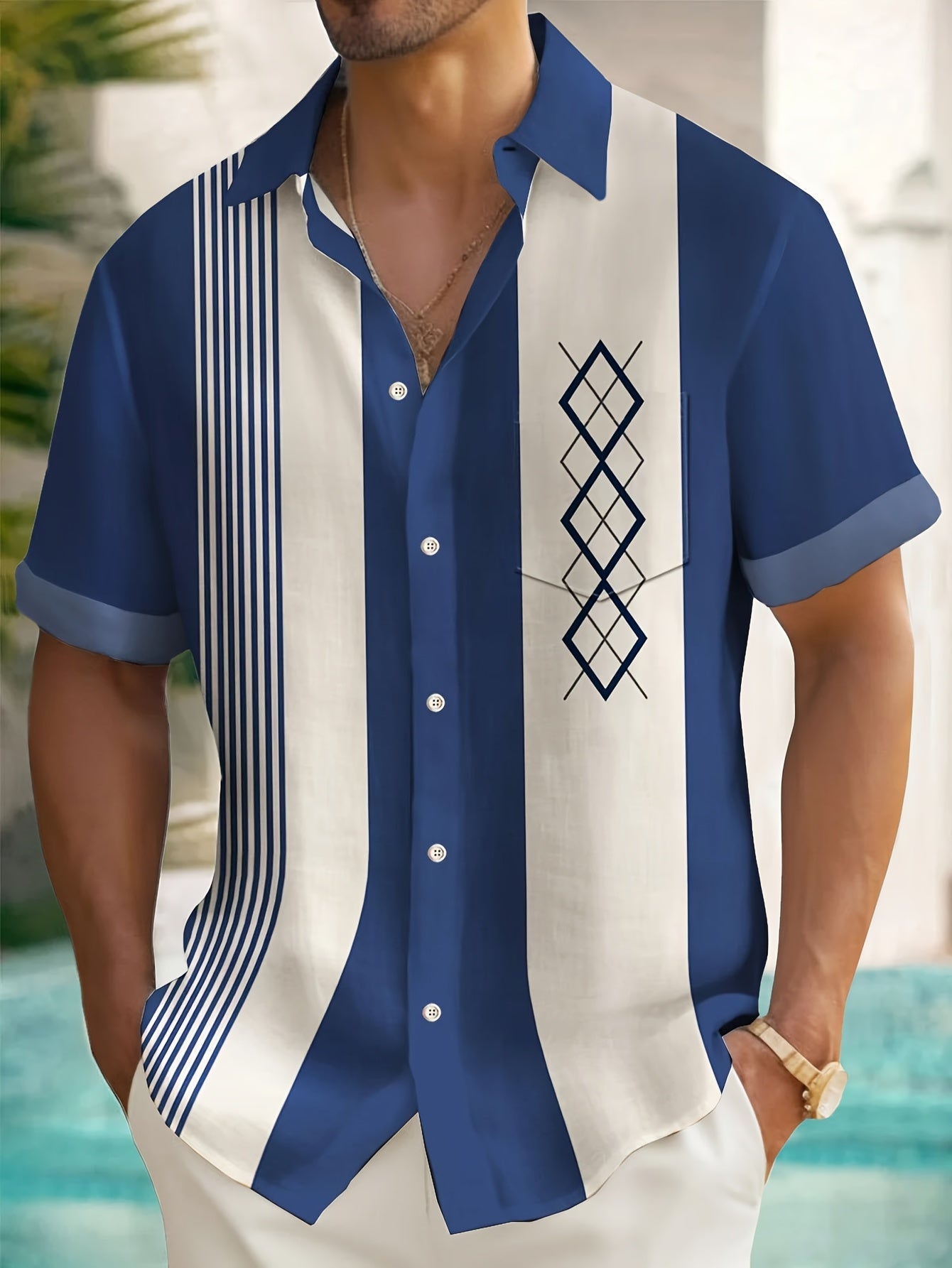 Men's blue short sleeve vintage print shirt with a chest pocket