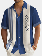 Men's blue short sleeve vintage print shirt with a chest pocket