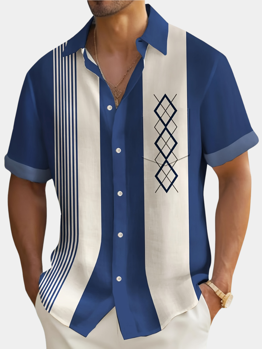 Men's blue short sleeve vintage print shirt with a chest pocket