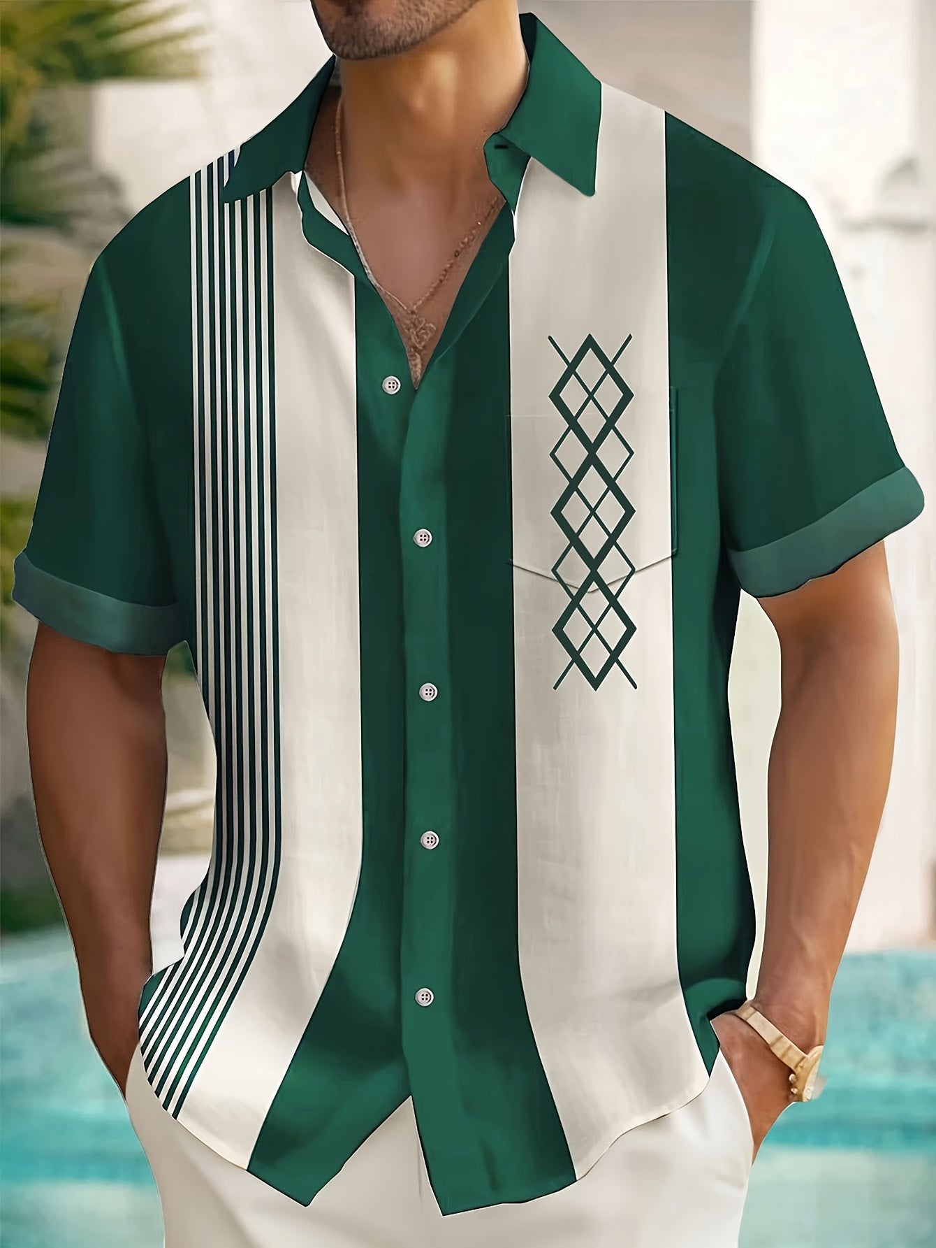 Men's blue short sleeve vintage print shirt with a chest pocket