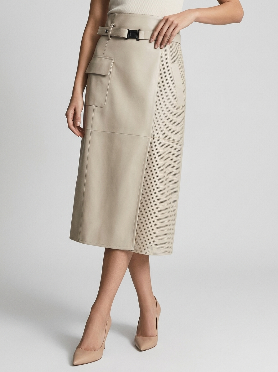 Women's faux leather midi skirt with a belt