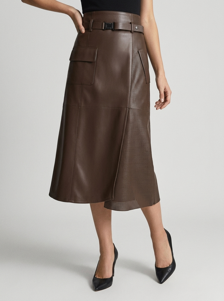Women's faux leather midi skirt with a belt