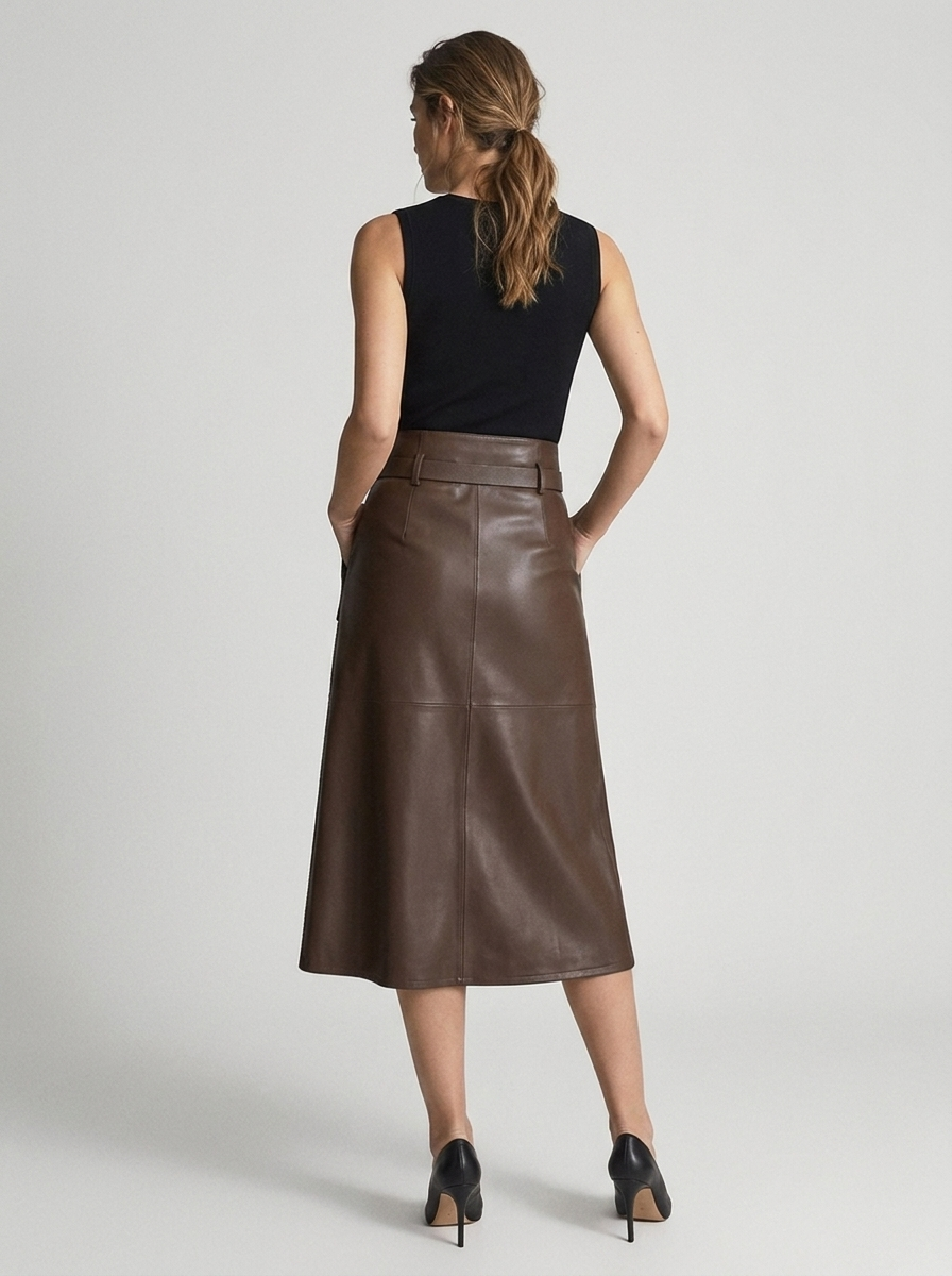 Women's faux leather midi skirt with a belt