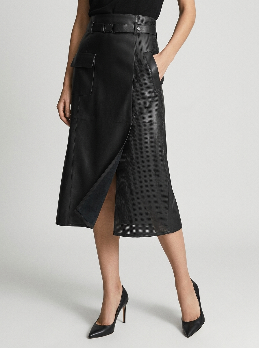 Women's faux leather midi skirt with a belt