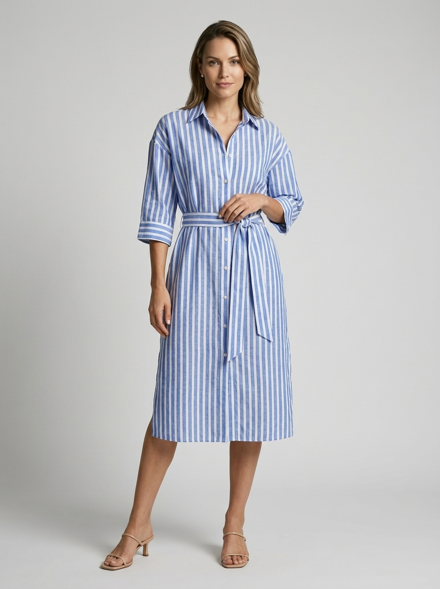 Women's striped shirt dress in midi length