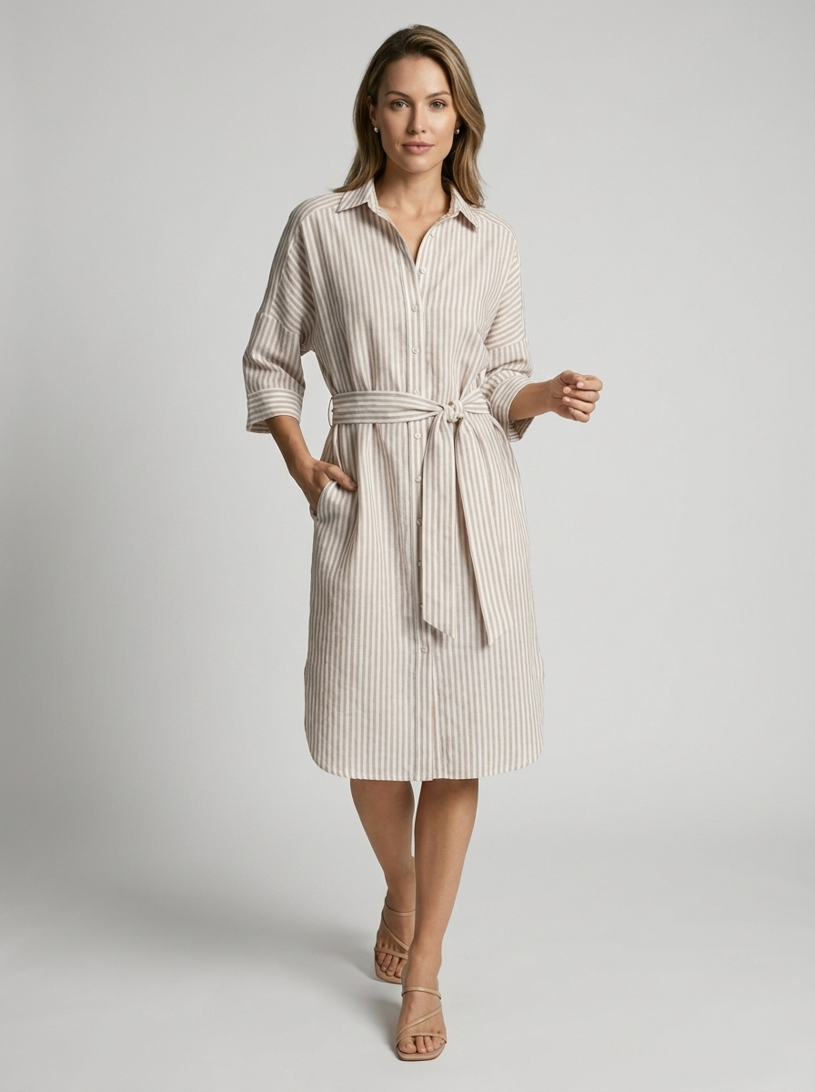 Women's striped shirt dress in midi length