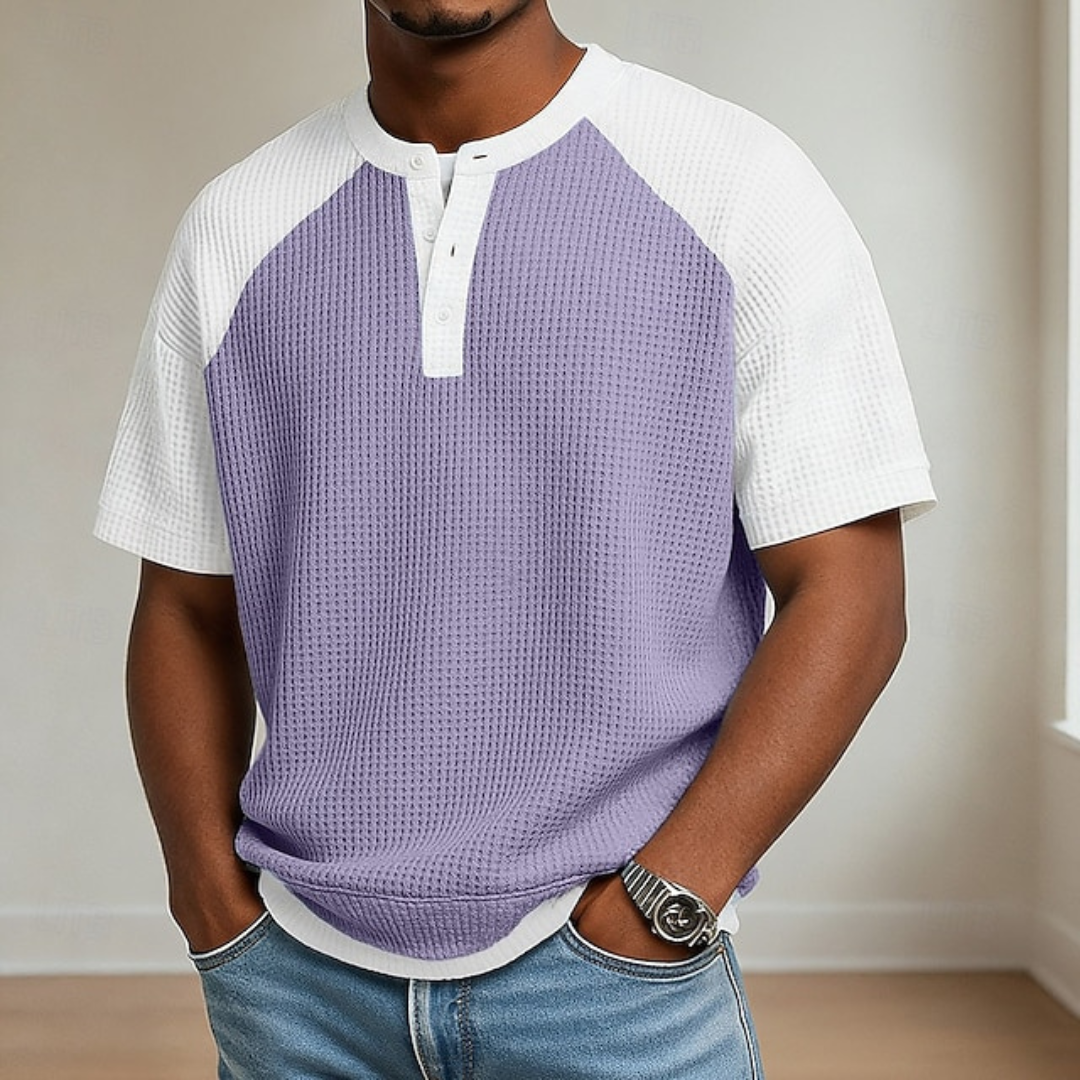 Men's light blue waffle knit polo shirt with a button placket