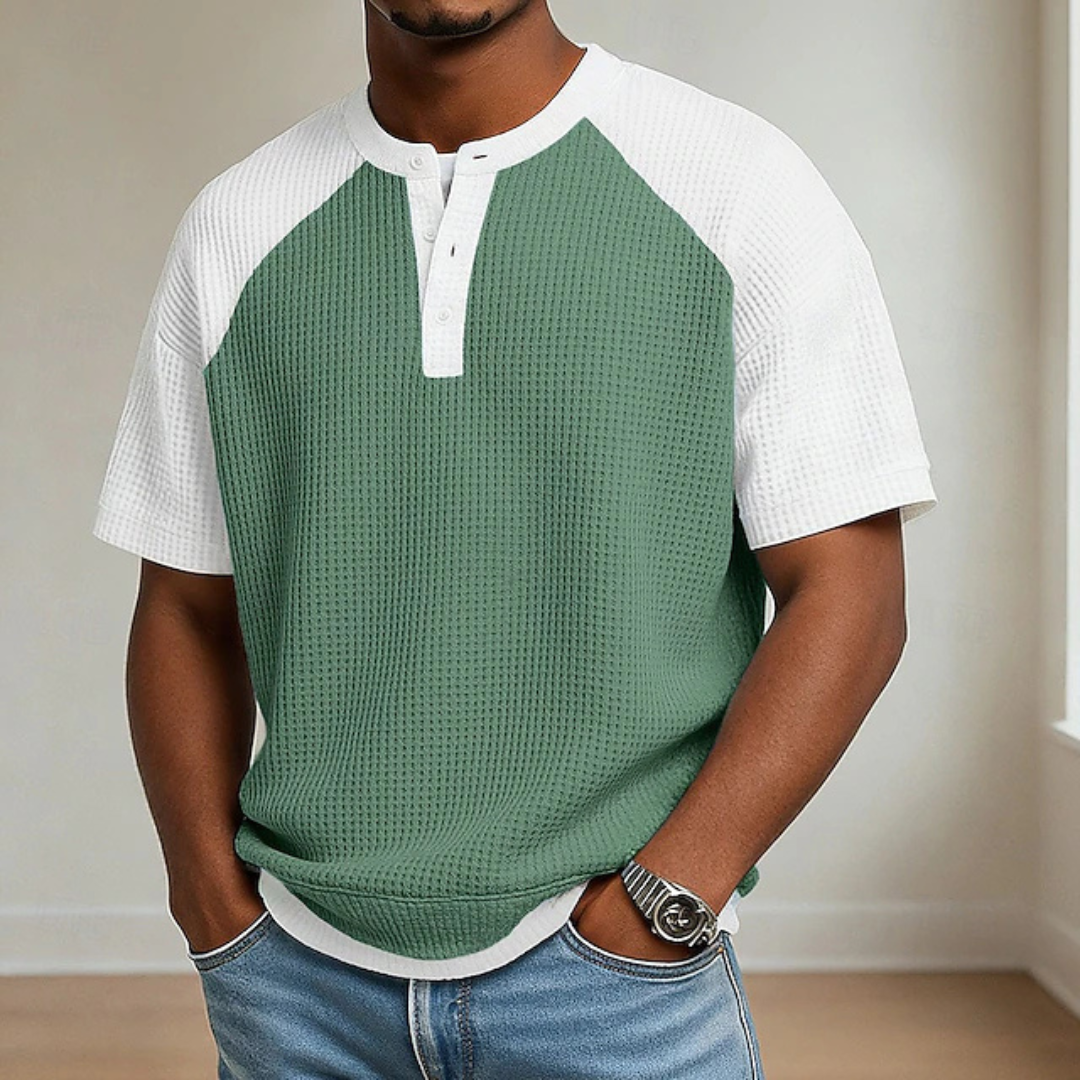 Men's light blue waffle knit polo shirt with a button placket