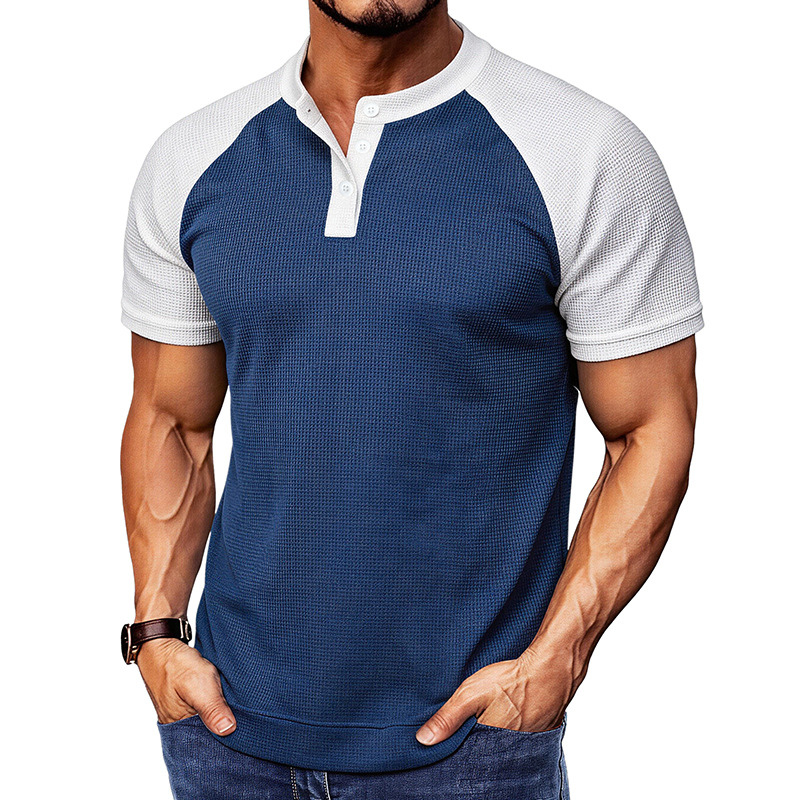 Men's light blue waffle knit polo shirt with a button placket