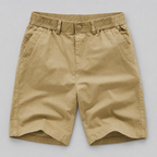 Men's beige cotton linen shorts with a zip fly