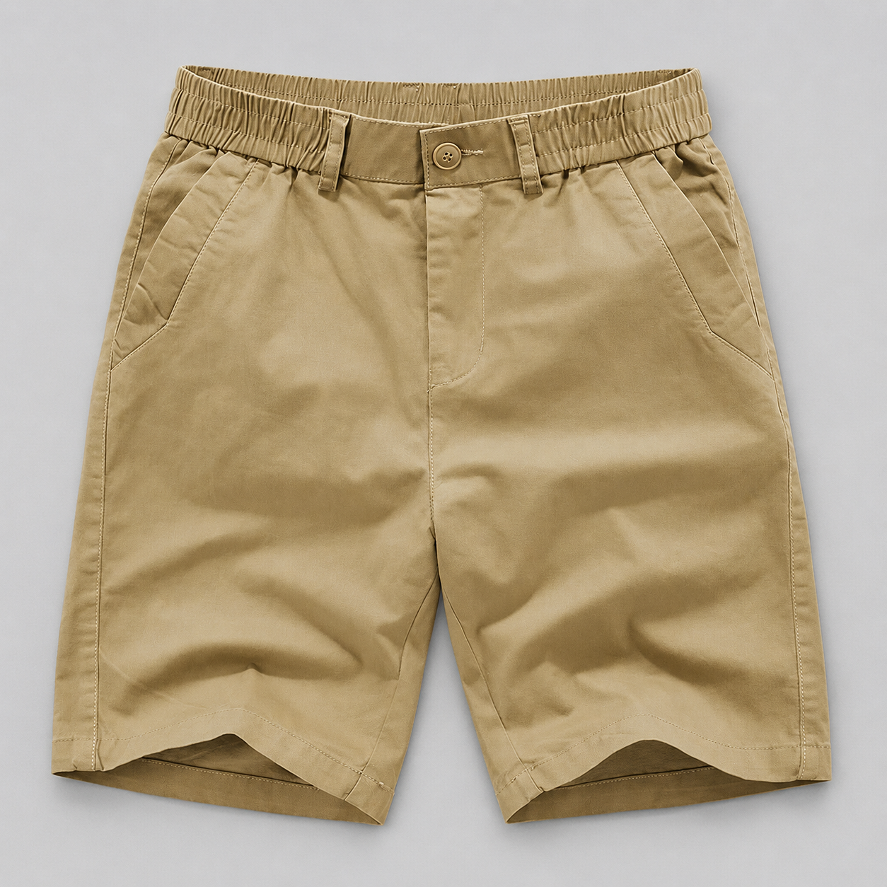Men's beige cotton linen shorts with a zip fly