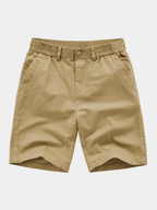 Men's beige cotton linen shorts with a zip fly