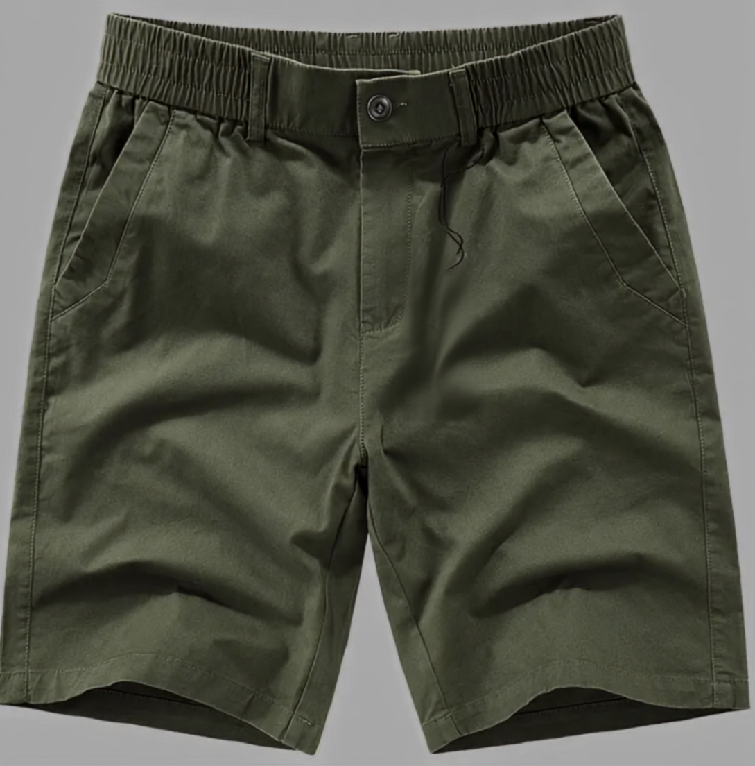 Men's beige cotton linen shorts with a zip fly