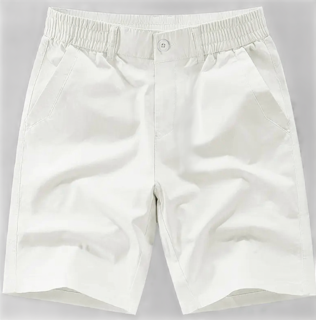 Men's brown cotton linen shorts with a zip fly