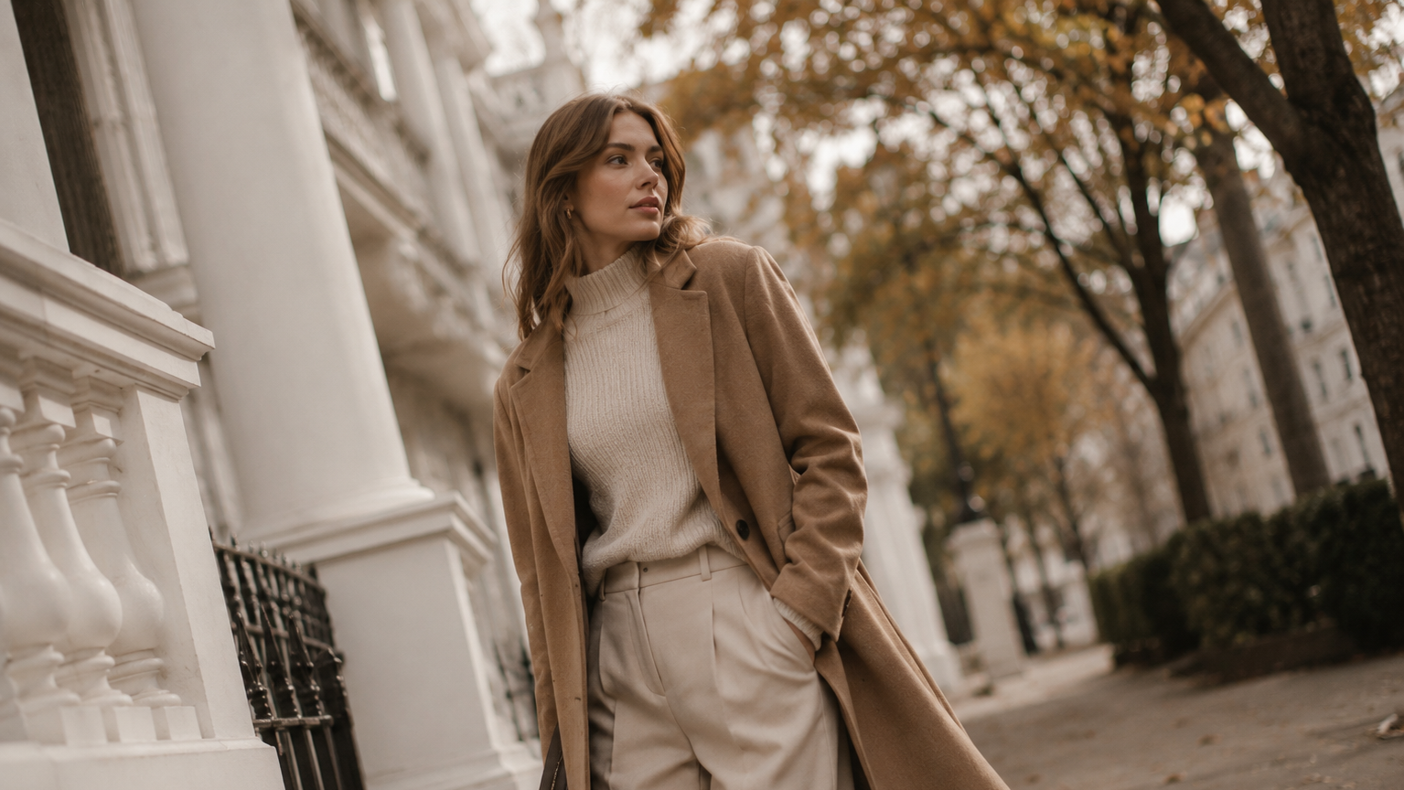 Woman in a long coat walking on a street with trees and buildings in the background
